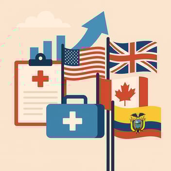 Flat-style digital illustration comparing global medical education systems. The scene features a clipboard with a red medical cross, a blue first-aid kit, and an upward-trending bar chart with an arrow. Surrounding these symbols are national flags of the United States, United Kingdom, Canada, and Ecuador, representing different countries’ approaches to training physicians. The design uses muted beige, blue, red, and yellow tones for a clean, modern look.
