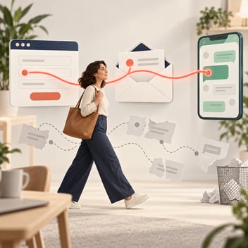 a square, text-free editorial image illustrating conversational continuity across web forms, email, and messaging.