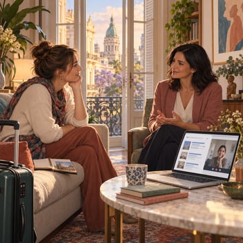 An international traveler speaks with an Argentine psychologist in a warm Buenos Aires office, while a laptop suggests discovering therapy through search and continuing sessions virtually after returning home.