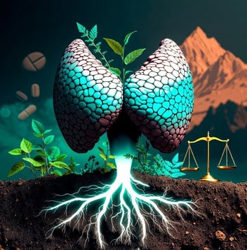 Symbolic illustration of a glowing teal thyroid gland with deep roots growing into soil and healing green plants emerging upward, representing root-cause reversal of thyroid disease through functional medicine. Subtle elements include fading pills, balance scales, and Andean mountains, highlighting holistic healing and international care