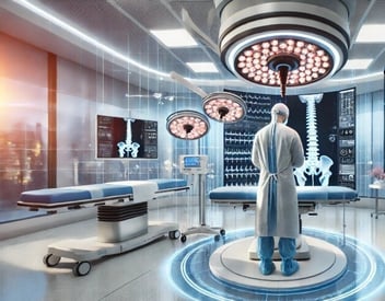 A futuristic ambulatory surgery center with a sterile, high-tech environment. A doctor in surgical attire performs an epidural blood patch using fluoroscopy guidance, with a detailed spine image displayed on a monitor. AI-powered patient monitoring screens track vitals in real-time. Advanced medical equipment, including robotic arms and automated syringe pumps, lines the walls, symbolizing the integration of AI and robotics in modern pain medicine.