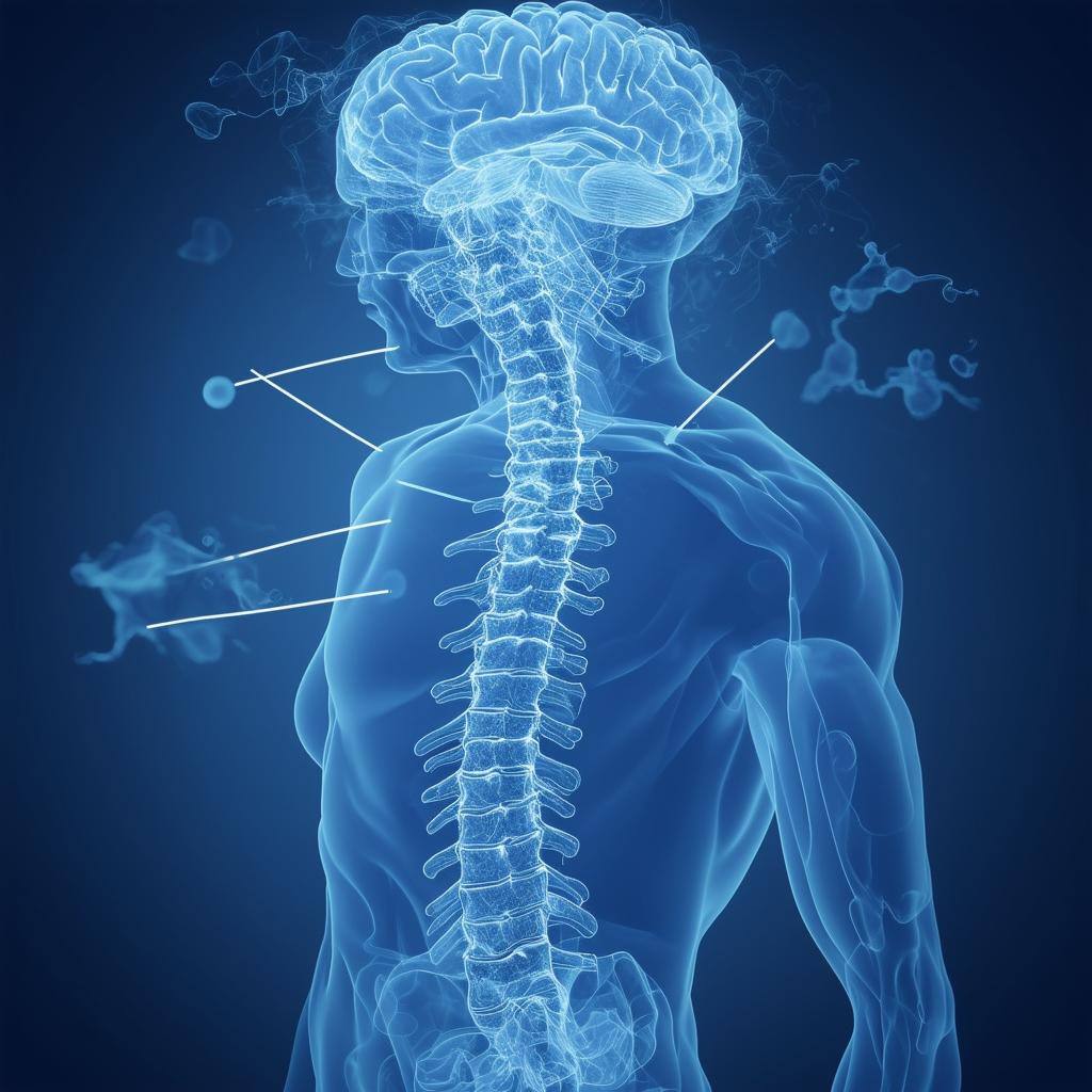 An outline of a person shows a chaotic internal view of the vertebrae