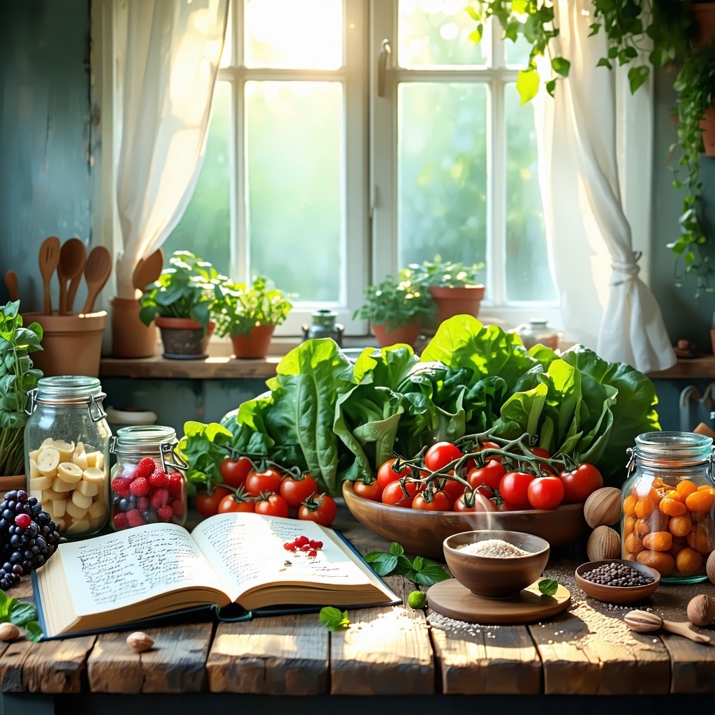 The image depicts a serene kitchen setting bathed in soft, natural light filtering through a window adorned with sheer curtains. On a wooden table, a colorful array of fresh produce is artfully arranged, showcasing vibrant leafy greens, plump tomatoes, and rich berries. A small bowl of sea salt and a few jars filled with nuts and seeds sit nearby, hinting at a focus on healthy, nutrient-dense foods. In the background, a cookbook lies open, featuring pages filled with handwritten notes and colorful photographs of wholesome meals. A steaming cup of herbal tea rests beside it, exuding warmth and comfort. The overall atmosphere radiates a sense of tranquility and mindfulness, emphasizing a holistic approach to health and well-being.