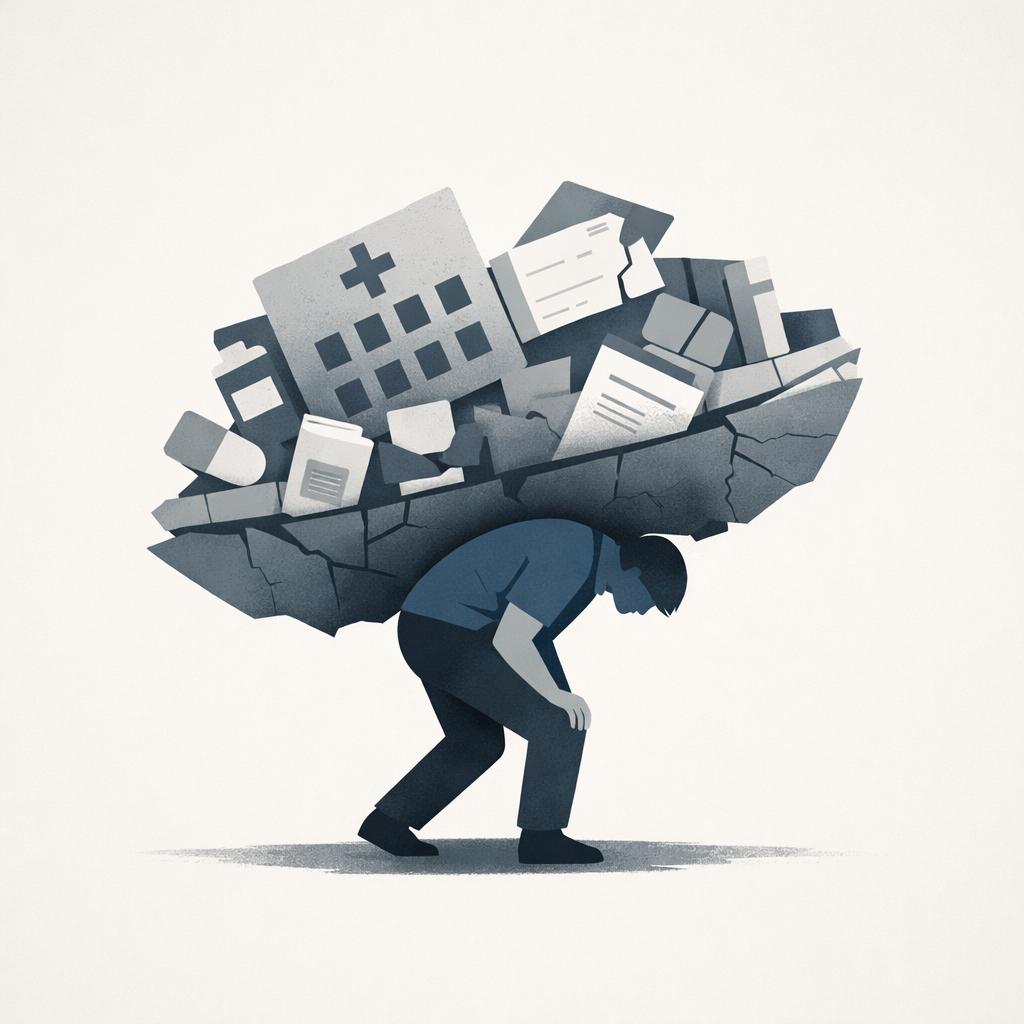 Minimalist illustration of a person bent forward under the weight of a crumbling healthcare system—hospital, paperwork, and medication stacked on their back—symbolizing the burden chronic pain patients carry when navigating fragmented care.