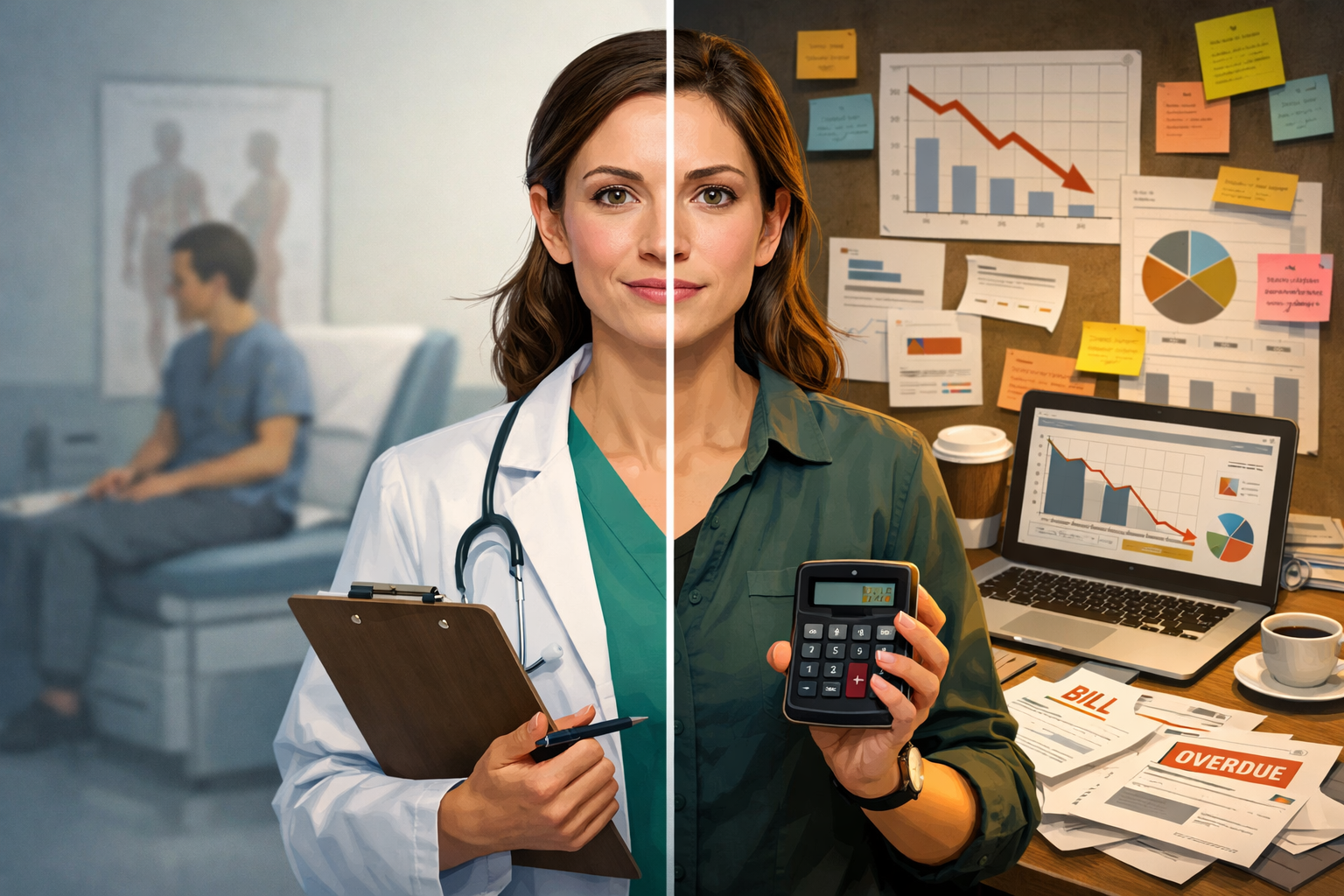 Split image of a dietitian shown as a calm clinician on one side and overwhelmed by business tasks like finances, marketing, and analytics on the other, illustrating the gap between clinical training and running a profitable private practice