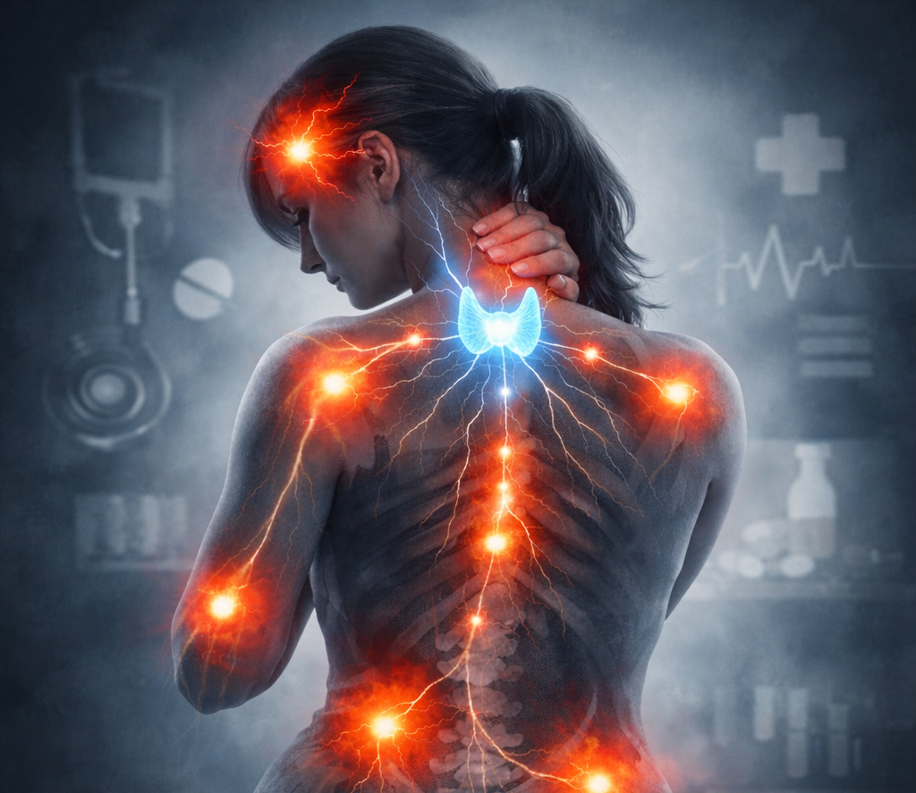 A square-format medical illustration of a semi-transparent female figure viewed from behind, holding her neck in pain. Bright red and orange glowing points mark pain in the head, shoulders, spine, elbows, and hips. Thin, lightning-like lines connect these areas back to a bright blue glowing thyroid gland in the neck, emphasizing it as the central source of widespread pain.