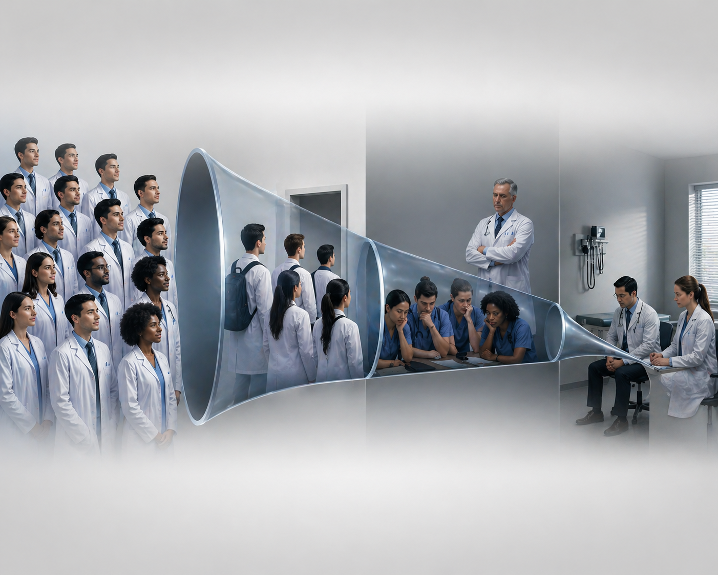 A wide, minimalist image showing a healthcare pipeline as a funnel. On the left, a large group of diverse medical graduates in white coats stands together, representing a full supply of trained doctors. They move into a translucent funnel that narrows as it progresses to the right. Inside the middle section, fewer individuals continue forward, now shown as trainees in a clinical environment with subdued, tense body language under supervision. As the funnel tightens further, only a small number of physicians emerge on the right side, seated in a quiet exam room with patients, emphasizing scarcity. The image fades softly into a gray-white background at the top and bottom, visually reinforcing the idea of a shrinking pipeline and resulting care gaps.