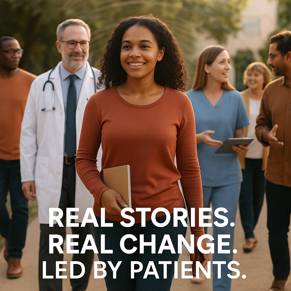 A smiling young woman walks confidently at the front of a diverse group outdoors in warm afternoon light, holding a notebook and smartphone. Behind her, a doctor in a white coat, a nurse in blue scrubs with a tablet, and other casually dressed individuals engage in conversation, symbolizing patient-led healthcare. White overlay text at the bottom reads, “Real Stories. Real Change. Led by Patients.”