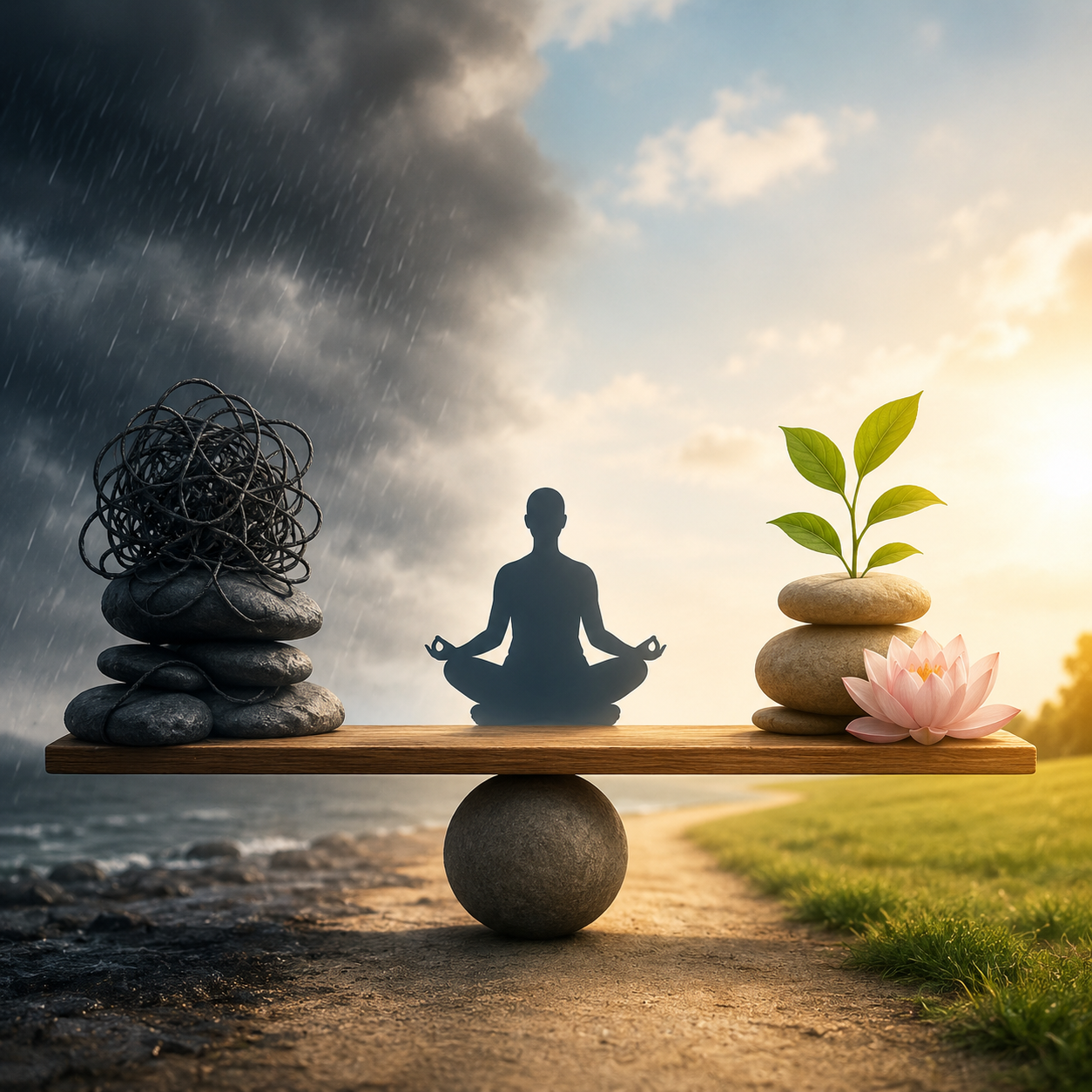 A person meditates at the center of a balanced wooden beam, with dark storm clouds, rain, tangled forms, and black stones on one side, contrasted with sunlight, green growth, smooth stones, and a lotus flower on the other, symbolizing balance between stress and well-being.