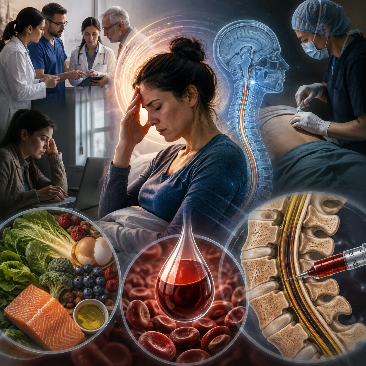 Conceptual illustration of spinal CSF leak care showing a woman with headache symptoms beside brain and spine imaging, clinicians performing an epidural procedure, and close-up imagery of blood, nutrient-rich foods, and an epidural blood injection, representing the relationship between diagnosis, nutrition and blood quality, procedural technique, and multidisciplinary treatment.
