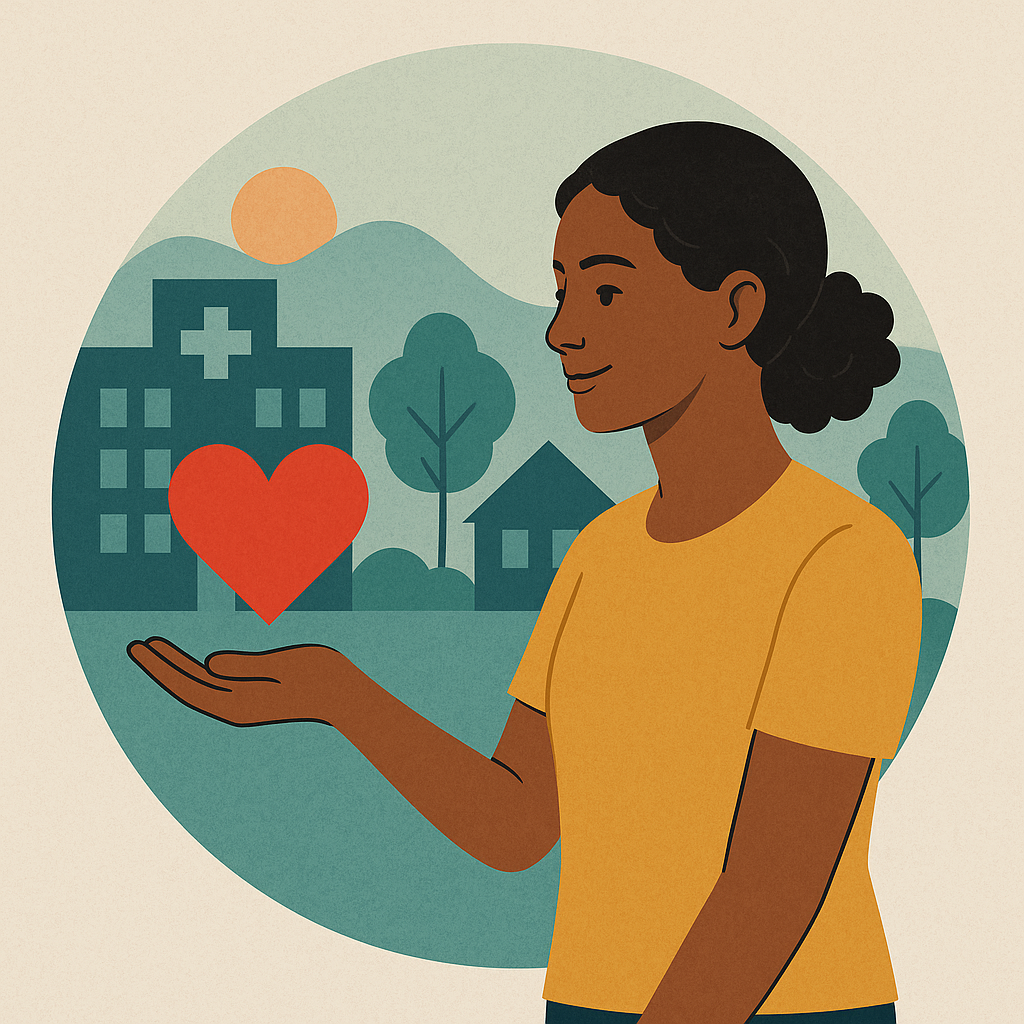 A digital illustration of a young woman with medium-brown skin and curly black hair tied back, wearing a mustard-yellow T-shirt. She stands in profile, holding a large red heart in her outstretched hand. Behind her, a circular backdrop shows a stylized community scene with a hospital building, a house, trees, rolling hills, and a sun in muted blue, green, and orange tones.