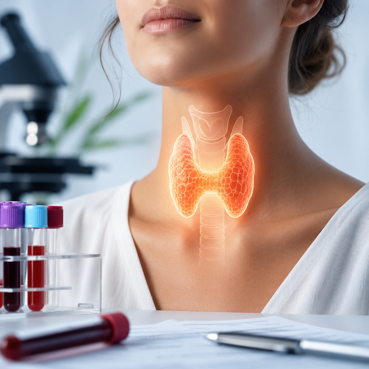 Close-up of a woman’s neck with an illustrated thyroid gland, surrounded by blood test tubes, lab paperwork, and a microscope, representing thyroid blood testing and hormone evaluation.