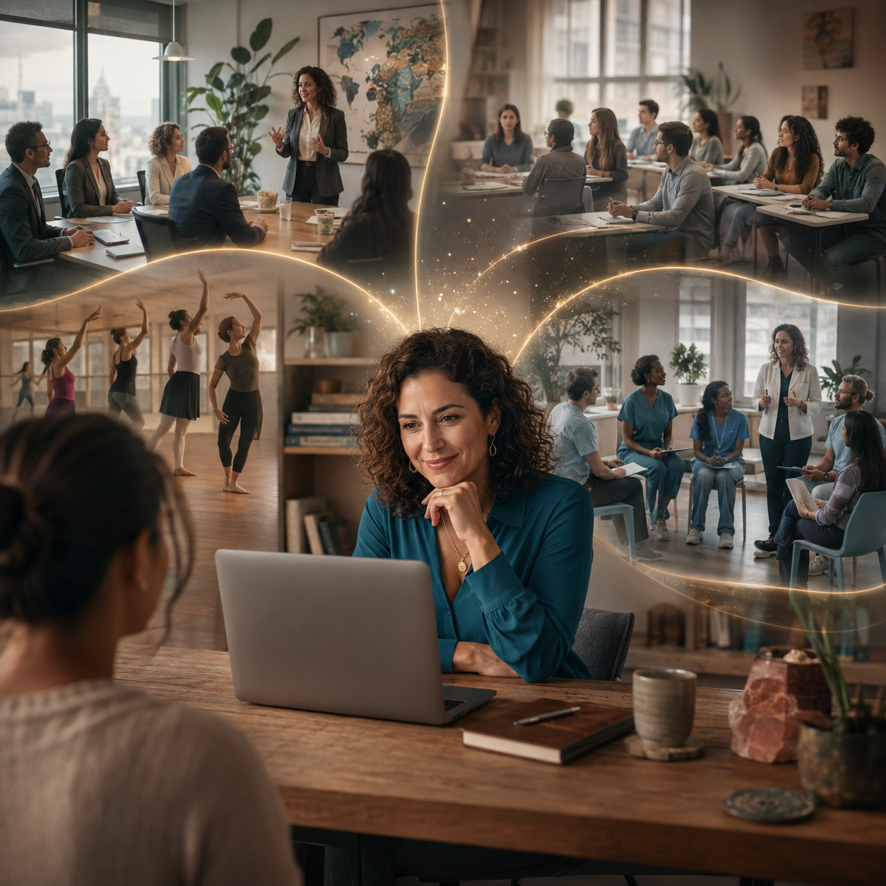 A female clinician meets virtually with an international client as glowing pathways expand toward corporate, educational, dance, and healthcare settings, representing the growth from one-on-one services to broader institutional partnerships.