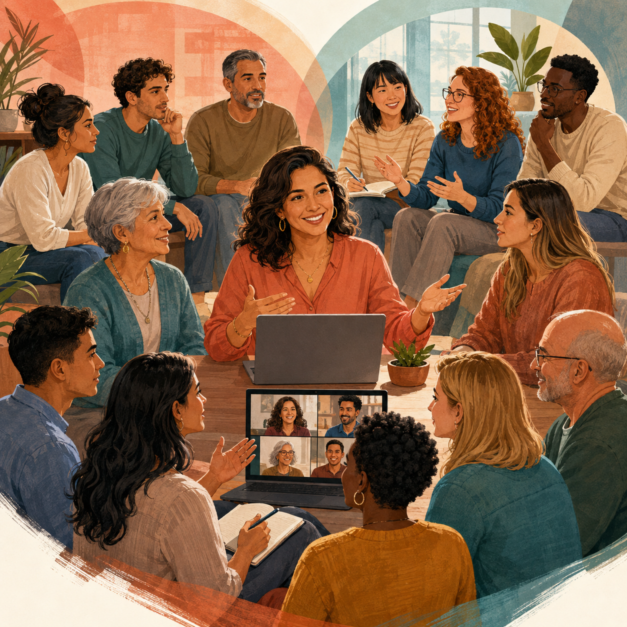 Editorial illustration of a Latin American psychologist connecting online with a diverse group of U.S. adults from varied cultural and generational backgrounds.