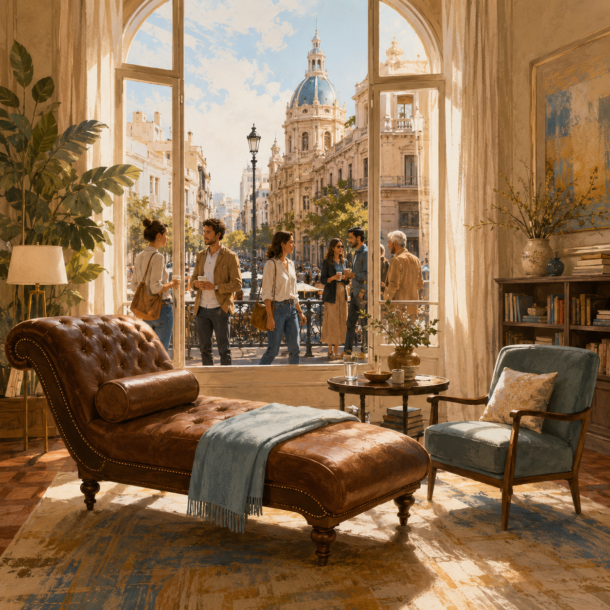 A sunlit psychoanalyst’s office in Buenos Aires, with a leather therapy couch overlooking a lively street framed by elegant historic architecture.