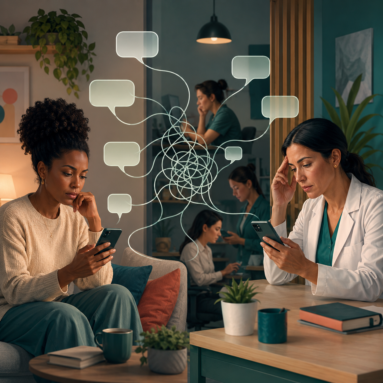 A potential patient and a clinician look at their phones from opposite sides as blank message bubbles twist into a tangled web between them, illustrating how important inquiries can get lost without a clear communication system.