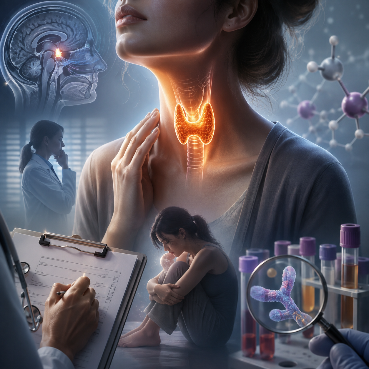 A conceptual medical illustration showing a woman touching her neck with her thyroid gland highlighted in orange. A brain scan emphasizing the pituitary gland, a physician reviewing medical notes, blood sample tubes, and molecular structures surround her, while a distressed patient sits in the foreground. The image represents thyroid disease, hormone regulation, pituitary involvement, diagnostic testing, and the emotional impact of complex endocrine disorders.
