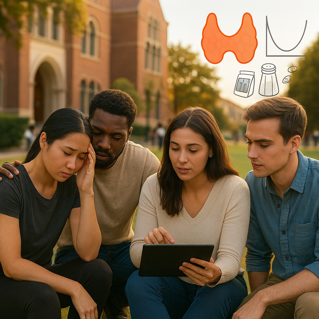 Four college students sit closely together on a grassy campus lawn in front of a red-brick university building. One student appears fatigued, resting her head in her hand, while the others focus attentively on a tablet. Floating above them are illustrated icons representing a thyroid gland, a U-shaped curve, a salt shaker, a supplement bottle, and seaweed snacks, symbolizing a discussion about thyroid health and student well-being.