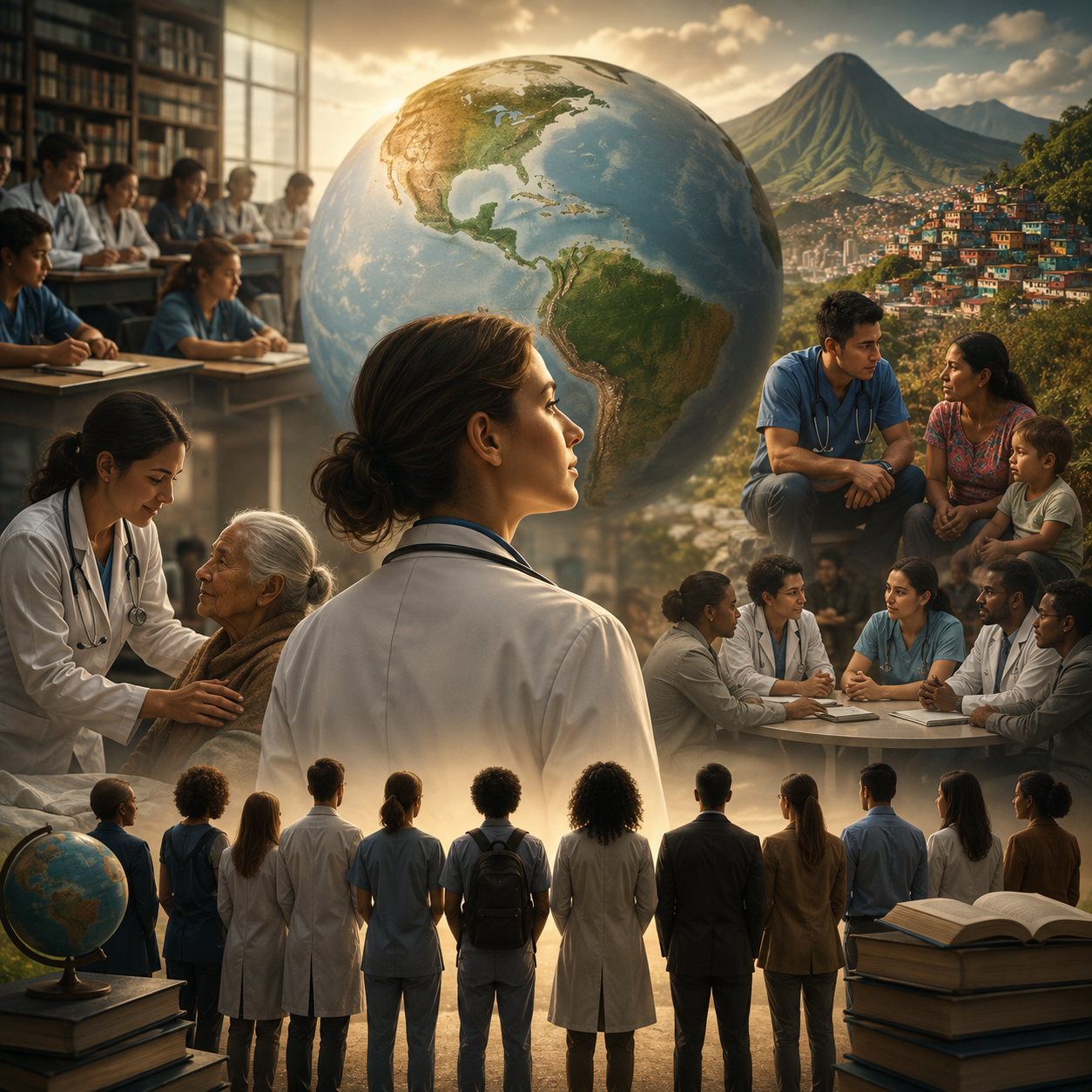 Illustration representing international healthcare systems and medical education, featuring clinicians from diverse backgrounds surrounding a globe, with scenes of patient care, medical training, collaborative discussions, and community healthcare across different regions. Books, classrooms, and healthcare professionals symbolize learning across borders, emphasizing the exchange of knowledge, cultural perspectives, and systems-level thinking rather than competition between countries.