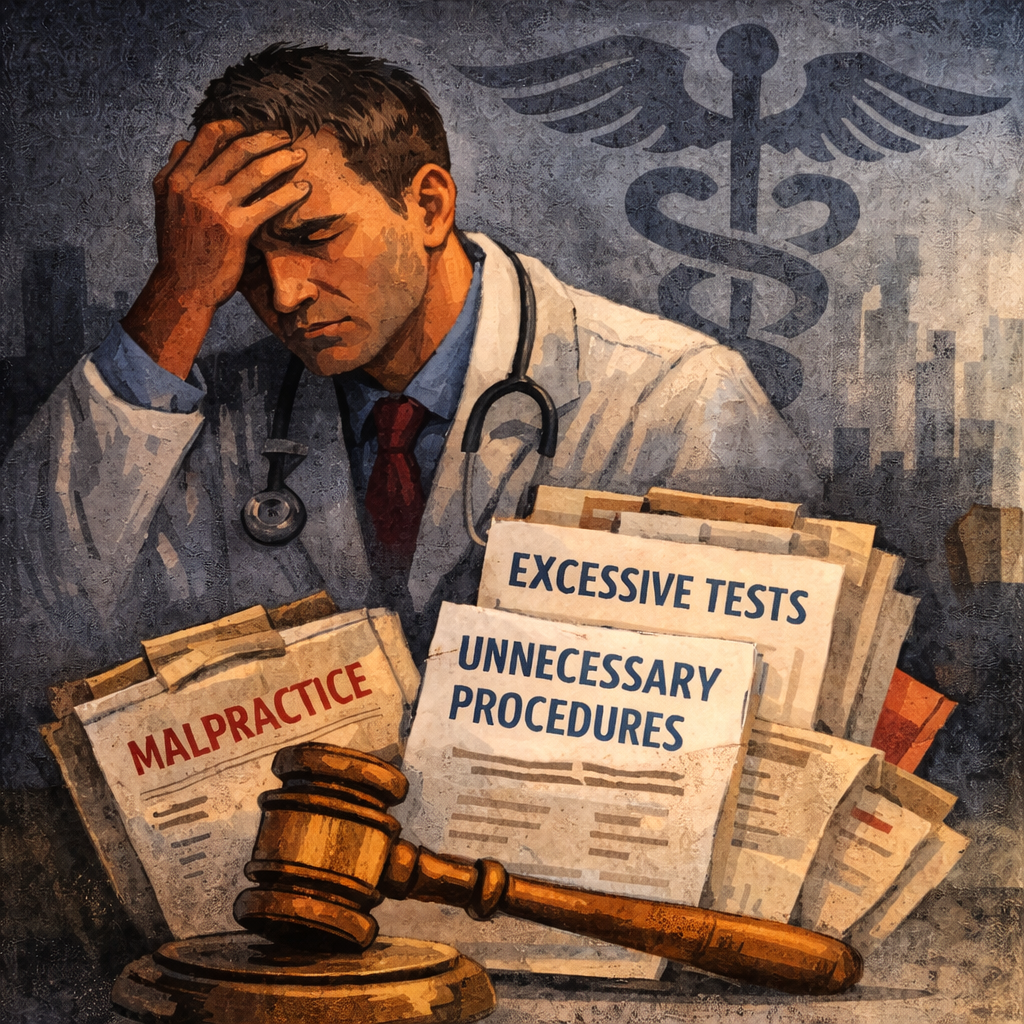 Illustration of a stressed physician in a white lab coat holding his forehead, seated behind a stack of files labeled “Malpractice,” “Excessive Tests,” and “Unnecessary Procedures,” with a judge’s gavel in the foreground and a faint caduceus symbol looming behind him, conveying legal pressure and fear-driven medical decision-making.