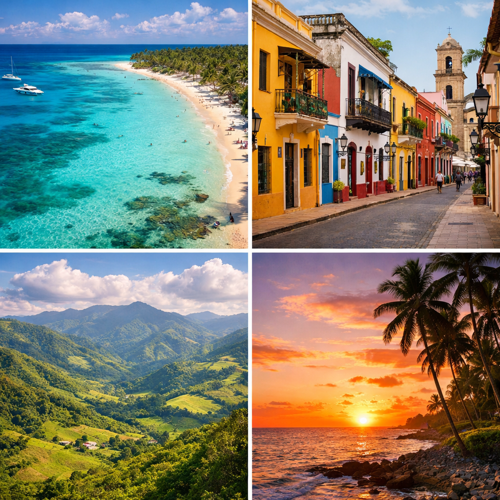 Collage of four scenes from the Dominican Republic: a turquoise Caribbean beach with palm trees and boats, colorful colonial buildings lining a cobblestone street in Santo Domingo, lush green mountain valleys under a blue sky, and a tropical sunset over the ocean with silhouetted palm trees.