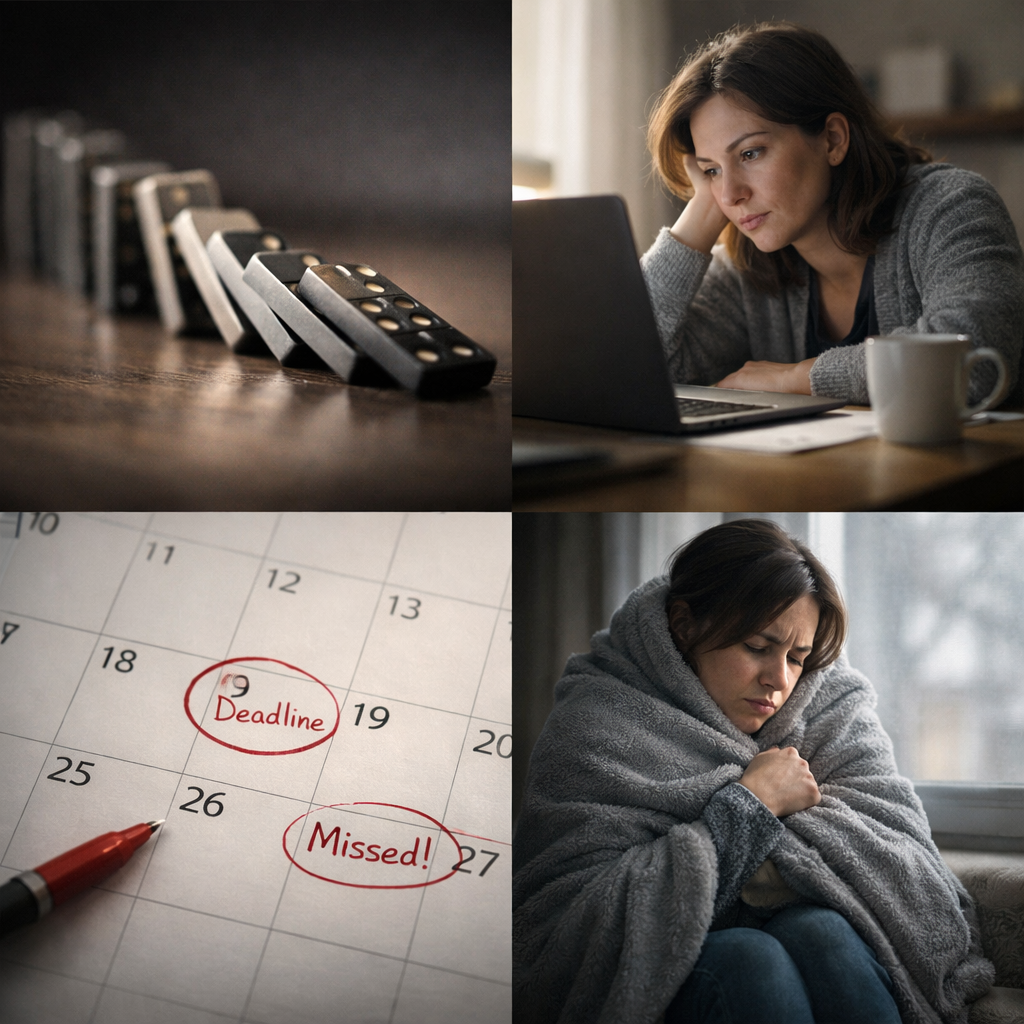 Composite image divided into four sections: falling dominoes symbolizing a ripple effect; a fatigued woman staring at her laptop at a desk; a calendar with a circled deadline marked “missed”; and a woman wrapped in a blanket looking cold. The image represents how slowed metabolism from thyroid dysfunction can affect work, energy, and daily life.