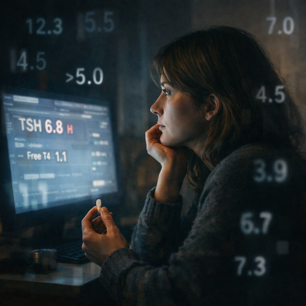 A woman sits in a dimly lit room, gazing thoughtfully at a glowing computer screen displaying thyroid lab results, including “TSH 6.8 H” and “Free T4 1.1.” She holds a small white pill in her hand while blurred lab numbers float in the background, symbolizing focus on test results and medication.