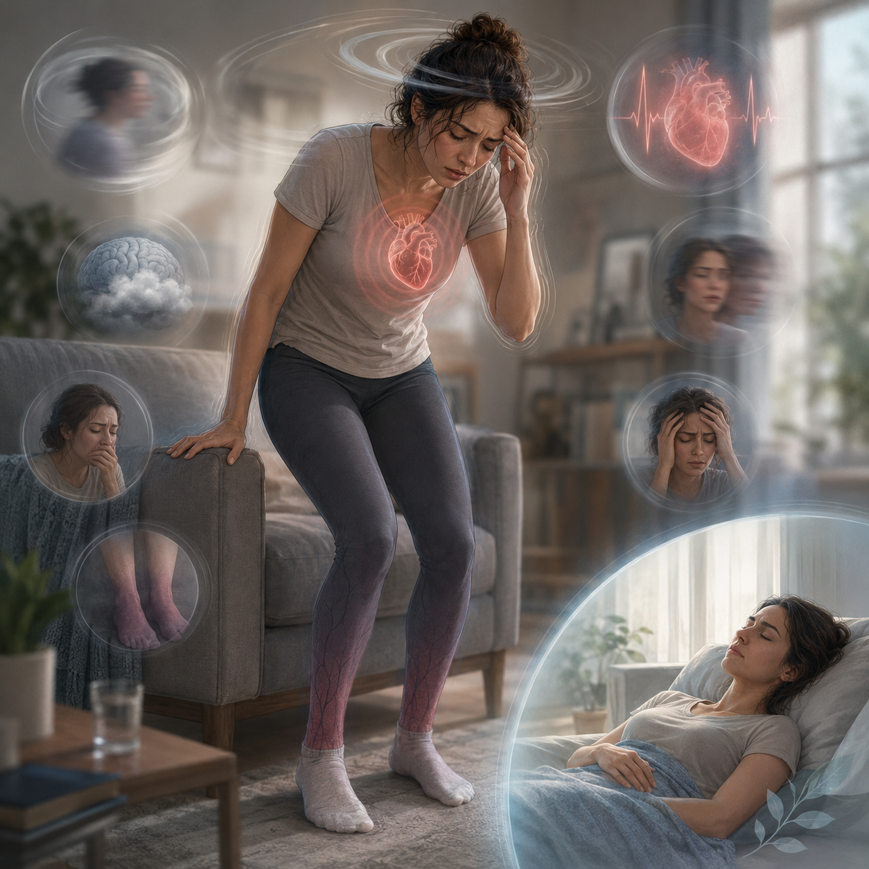 A woman with POTS braces herself against a chair while standing, appearing dizzy and exhausted. Visual overlays represent a racing heart, brain fog, blurred vision, nausea, headaches, and blood pooling in the legs, while an inset shows her resting comfortably after lying down. 