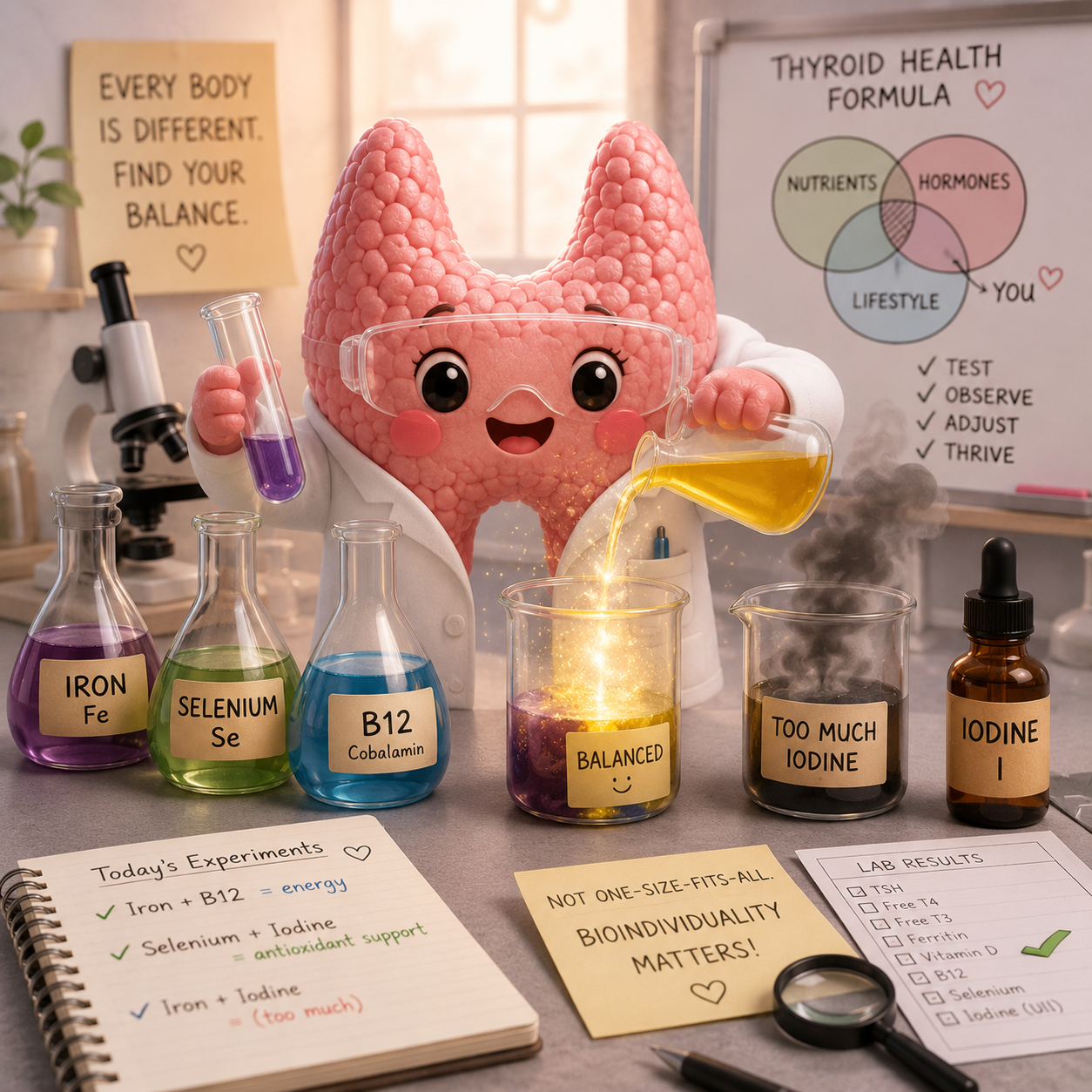A cute pink thyroid-shaped scientist character wearing a white lab coat and safety goggles stands in a laboratory, conducting nutrient experiments. The thyroid pours glowing liquid into a beaker that sparkles with a successful reaction while a nearby beaker labeled 
