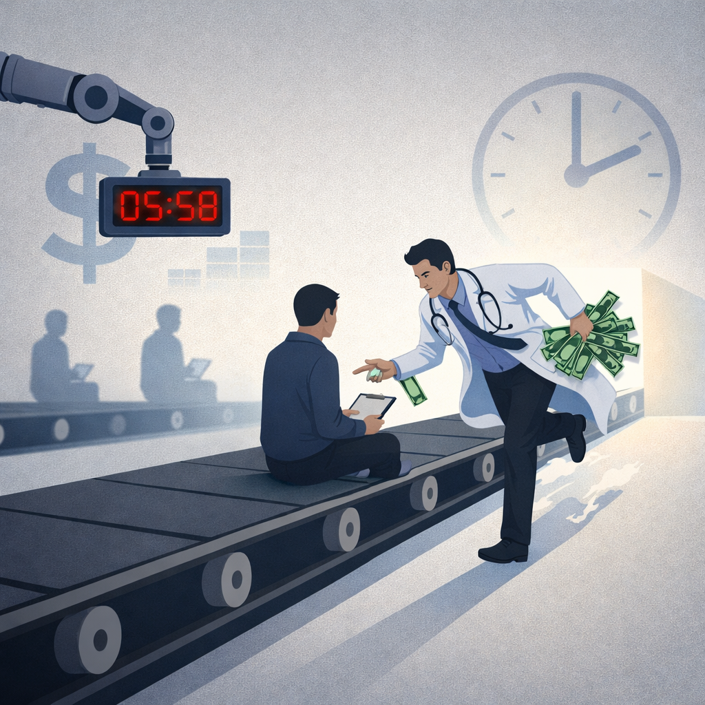 Color illustration of a patient seated on a conveyor belt while a doctor rushes toward them holding green cash, with a red countdown timer overhead, symbolizing how financial incentives and time pressure drive rushed, assembly-line healthcare.