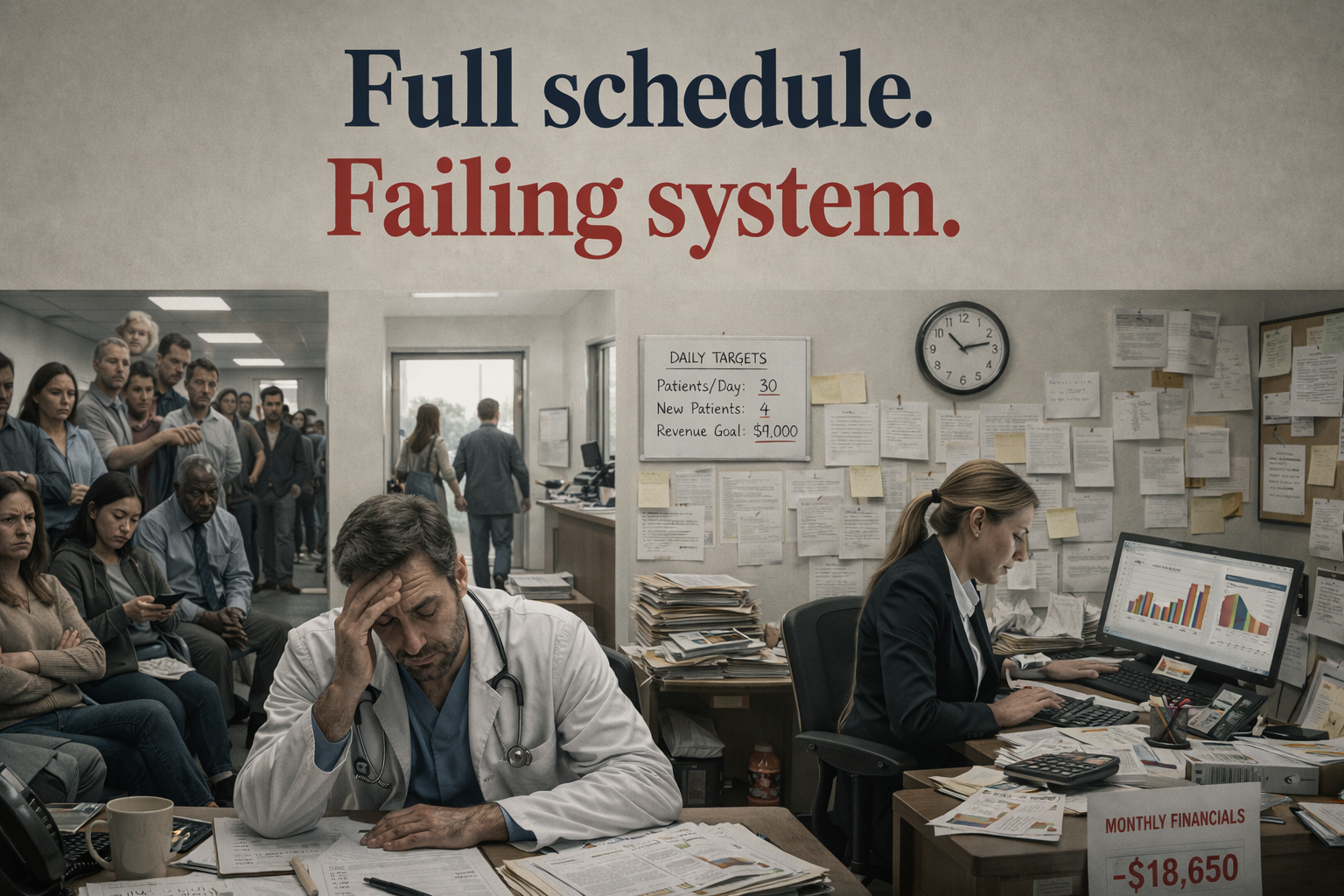 Overcrowded medical clinic with an exhausted physician reviewing paperwork, a stressed practice manager focused on financial reports, and a packed waiting room of frustrated patients, illustrating a high-volume system struggling with burnout, poor patient experience, and financial loss.