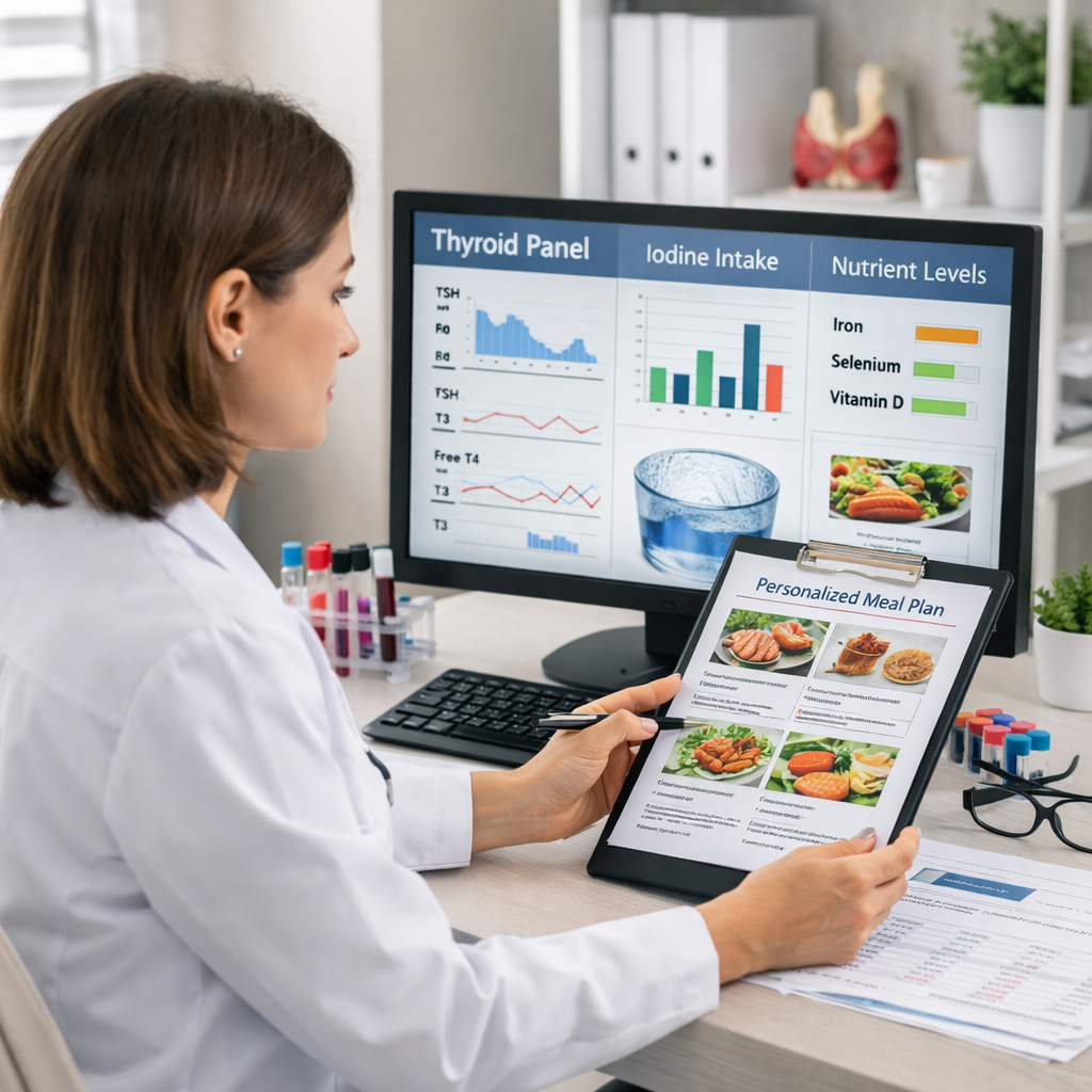 Dietitian reviewing personalized nutrition plan and thyroid lab data including iodine intake, iron, selenium, and vitamin D levels on a computer screen.