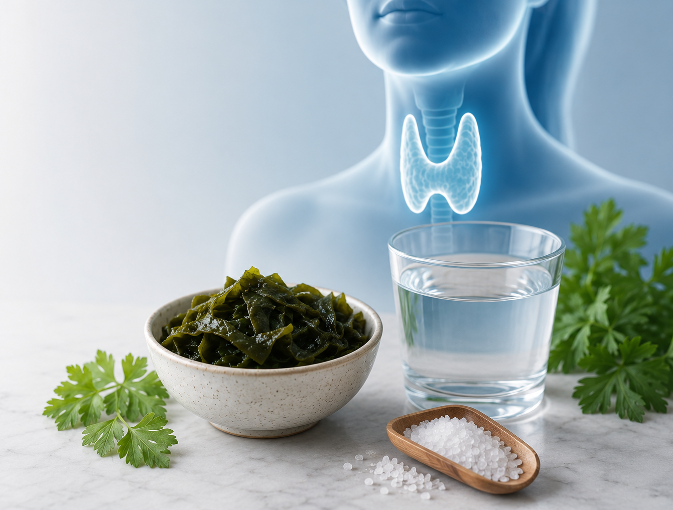 Photorealistic medical still life showing a glowing human thyroid illustration in the background behind a bowl of seaweed, a glass of water, fresh green herbs, and a wooden scoop filled with coarse salt on a marble surface, symbolizing iodine intake and thyroid health.