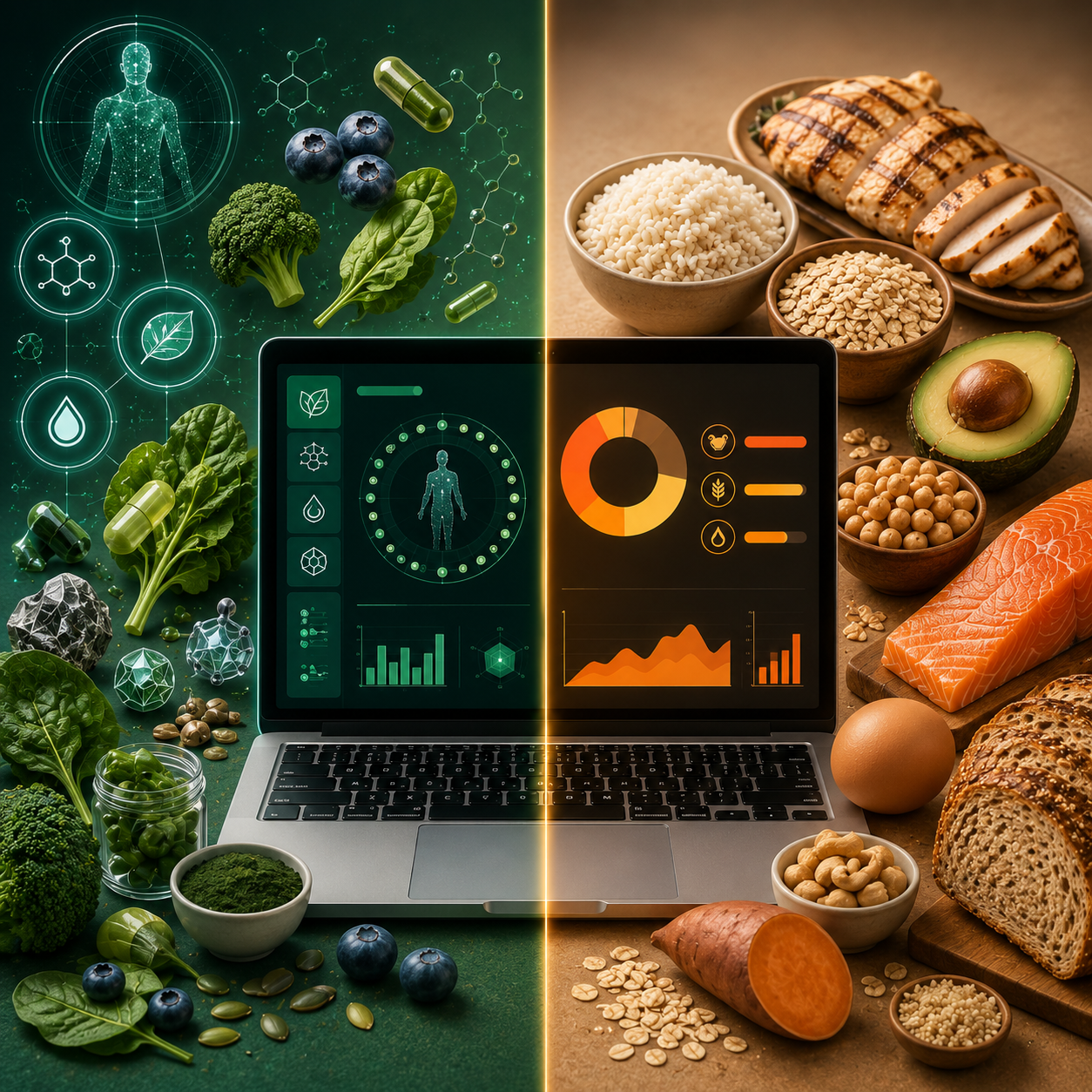 A split-screen conceptual illustration comparing micronutrient-focused and macronutrient-focused nutrition software. The left side uses cool green and teal tones with leafy greens, blueberries, supplements, molecular diagrams, and glowing clinical interface graphics surrounding a laptop displaying detailed health and nutrient analytics. The right side uses warm gold and orange tones with foods commonly associated with macronutrient tracking, including grilled chicken, salmon, rice, oats, bread, avocado, eggs, and chickpeas around a laptop displaying simplified macro charts and calorie-style dashboards. A glowing vertical line divides the two approaches, visually emphasizing the contrast between mechanistic micronutrient analysis and traditional macro-focused nutrition tools.