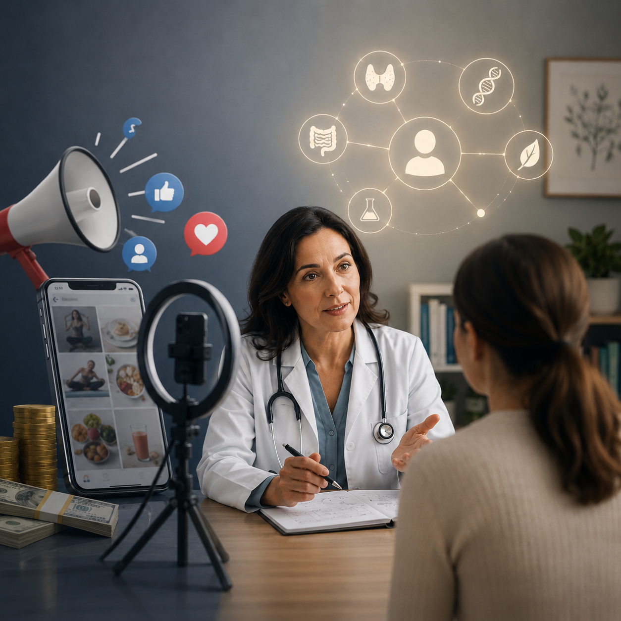 A modern healthcare consultation scene showing a female doctor speaking with a patient across a desk while surrounded by symbols of digital marketing and wellness branding. On the left side, a smartphone displaying social media health content sits beside stacks of money, a megaphone, and a ring light with a phone mounted for video recording, representing influencer-style healthcare marketing and monetization. On the right side, glowing icons around the patient symbolize personalized, holistic care, including genetics, gut health, nutrition, and laboratory science. The image contrasts social-media-driven healthcare promotion with individualized patient-centered care in a clean, softly lit medical office.
