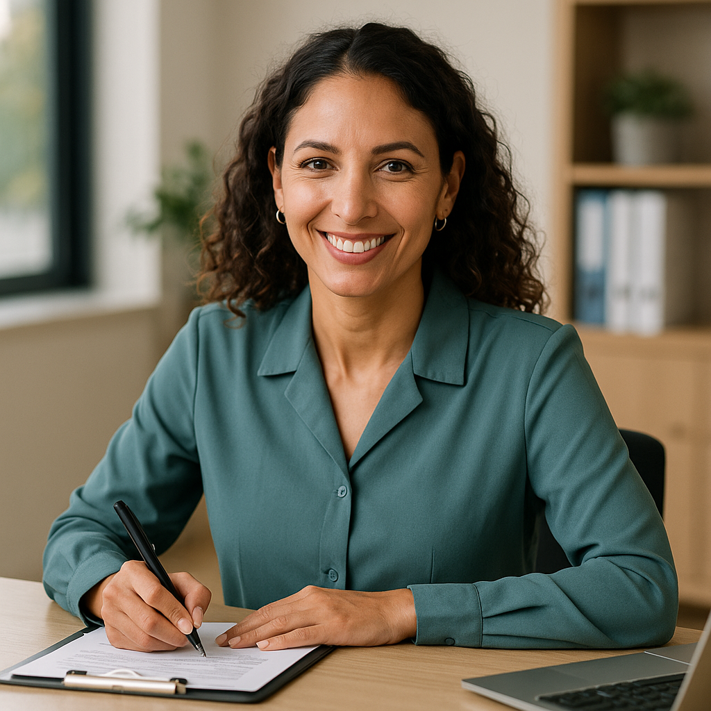 A digital photograph features a professional woman sitting at a modern desk, smiling warmly while filling out a form on a clipboard. She wears a teal blouse and gold hoop earrings, with natural curly hair falling loosely around her shoulders. A laptop and potted plant are visible in the softly lit background, conveying a calm, welcoming office environment—representing her role as a patient experience consultant focused on human-centered care.