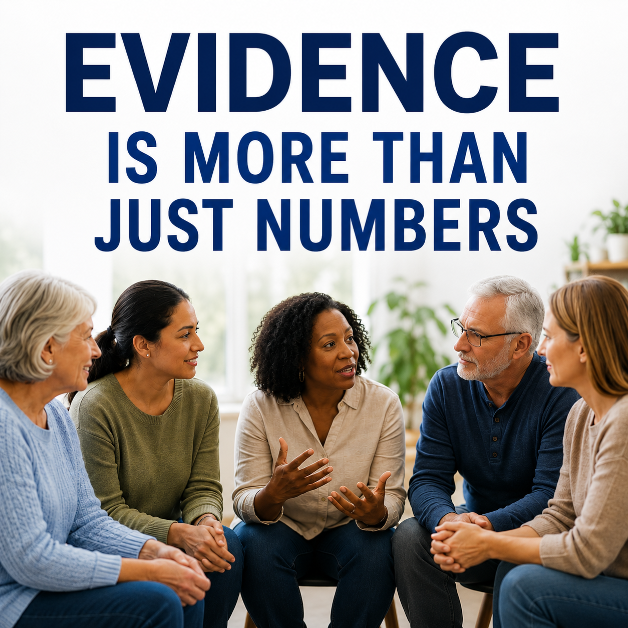 Five diverse patients sit in a circle in a bright, softly lit room, engaged in a thoughtful group discussion. A bold dark blue headline above them reads, “EVIDENCE IS MORE THAN JUST NUMBERS.” The image emphasizes patient voices, lived experience, and collaborative conversation in healthcare.