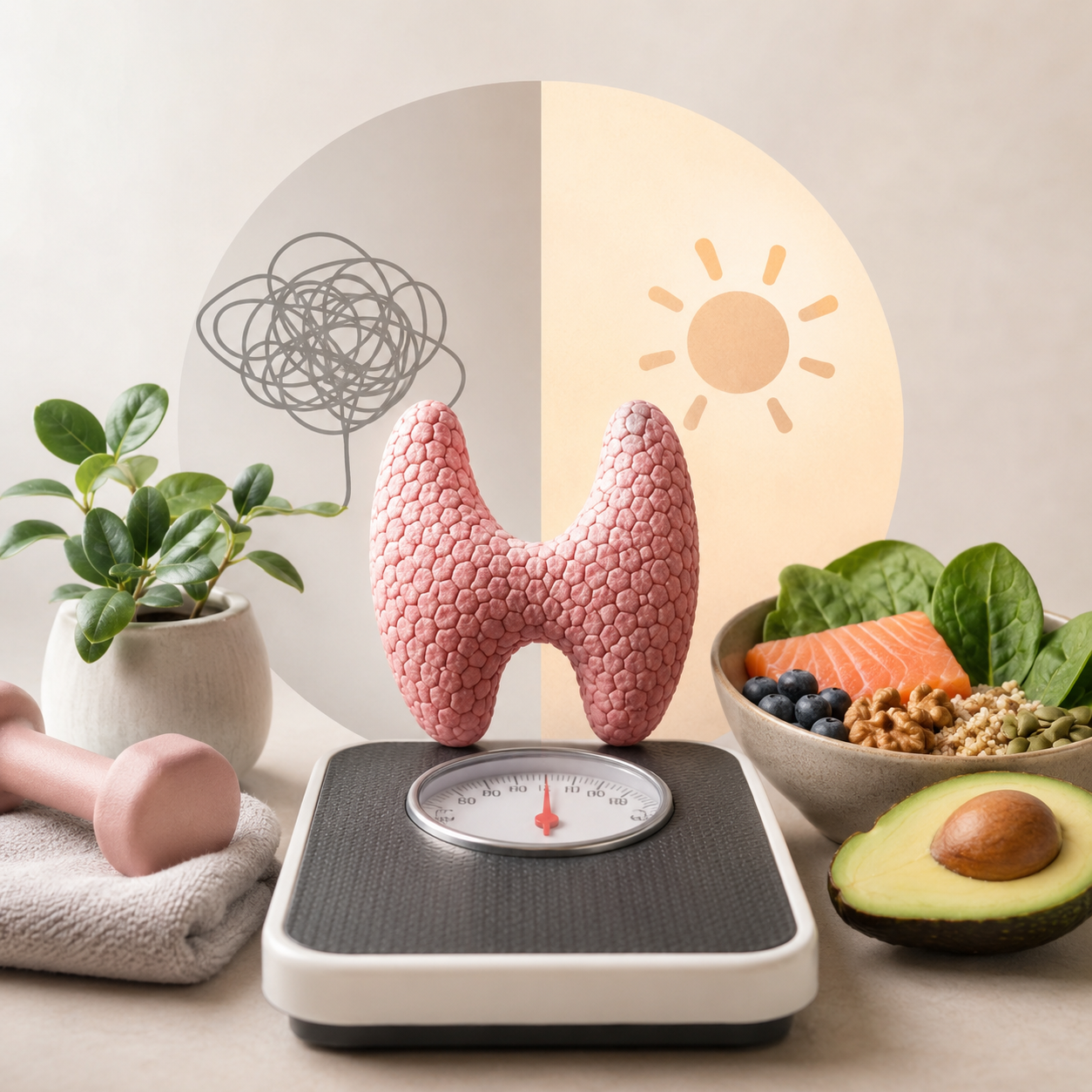 Minimalist conceptual illustration about hypothyroidism and weight loss. A pink thyroid-shaped model sits on top of a bathroom scale in the center of the image. One side of the background shows a gray scribble symbolizing confusion and frustration, while the other side shows a warm sun symbolizing clarity and healing. Surrounding the scale are healthy foods including salmon, spinach, blueberries, avocado, nuts, and grains, alongside a small dumbbell and towel. The soft neutral tones and balanced composition create a calm, educational healthcare aesthetic.