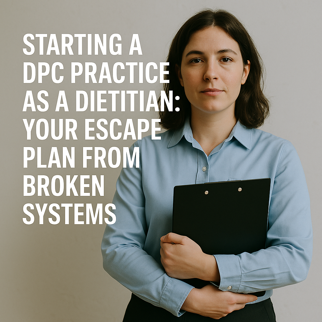 A confident woman with shoulder-length brown hair stands against a neutral beige wall, wearing a light blue button-up shirt and holding a black clipboard across her chest. Minimal white text beside her reads: ‘Starting a DPC Practice as a Dietitian: Your Escape Plan From Broken Systems.’