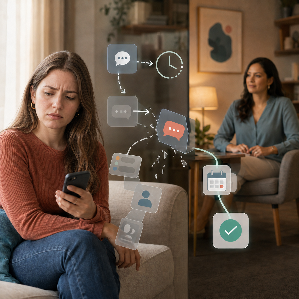 A frustrated woman checks her phone while a psychologist waits in the background, with a broken digital pathway symbolizing delayed responses and intake friction.