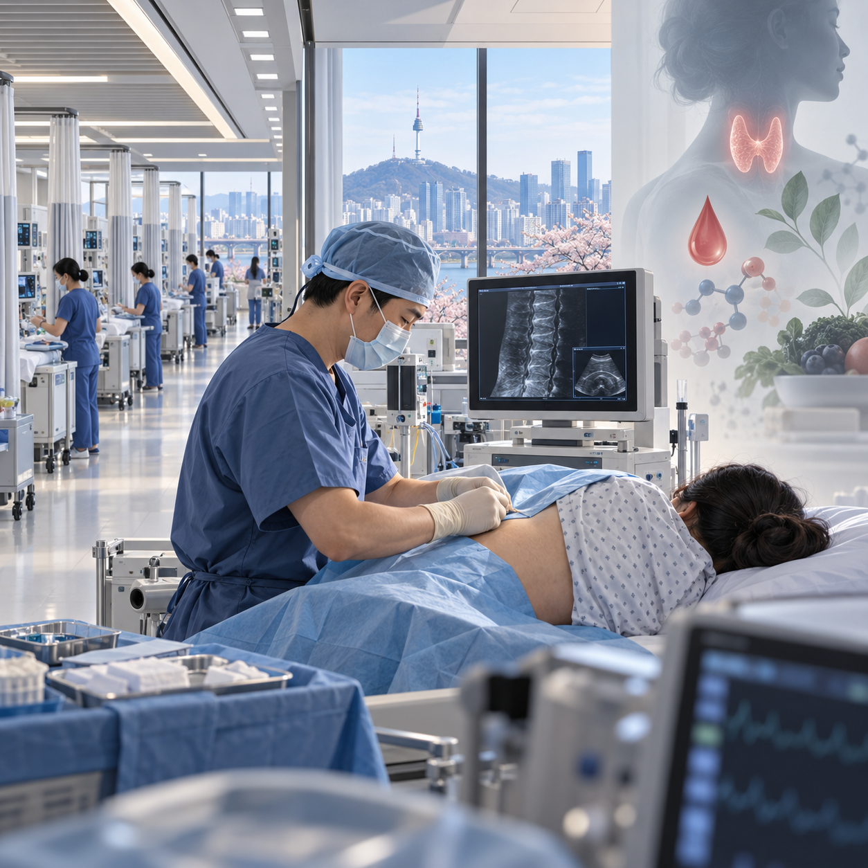 A South Korean anesthesiologist performs an image-guided spinal procedure in a modern Seoul hospital, while symbols representing thyroid function, blood health, and nutrition highlight aspects of whole-patient care that may be overlooked.