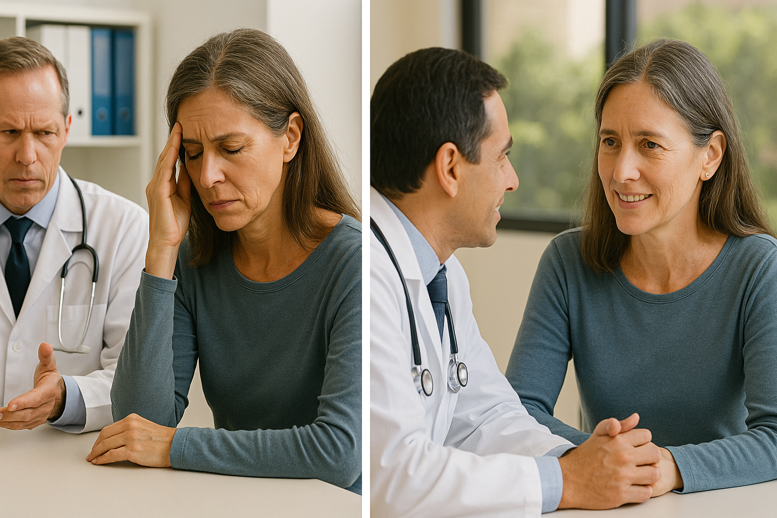 Side-by-side images showing contrasting patient-doctor interactions. On the left, a middle-aged woman in a blue-gray shirt sits with her head in her hand, looking distressed as a stern male doctor in a white coat gestures beside her. On the right, the same woman looks calm and engaged, smiling slightly while holding hands on the table, as a second doctor in a white coat leans in attentively, creating a warm, supportive atmosphere.