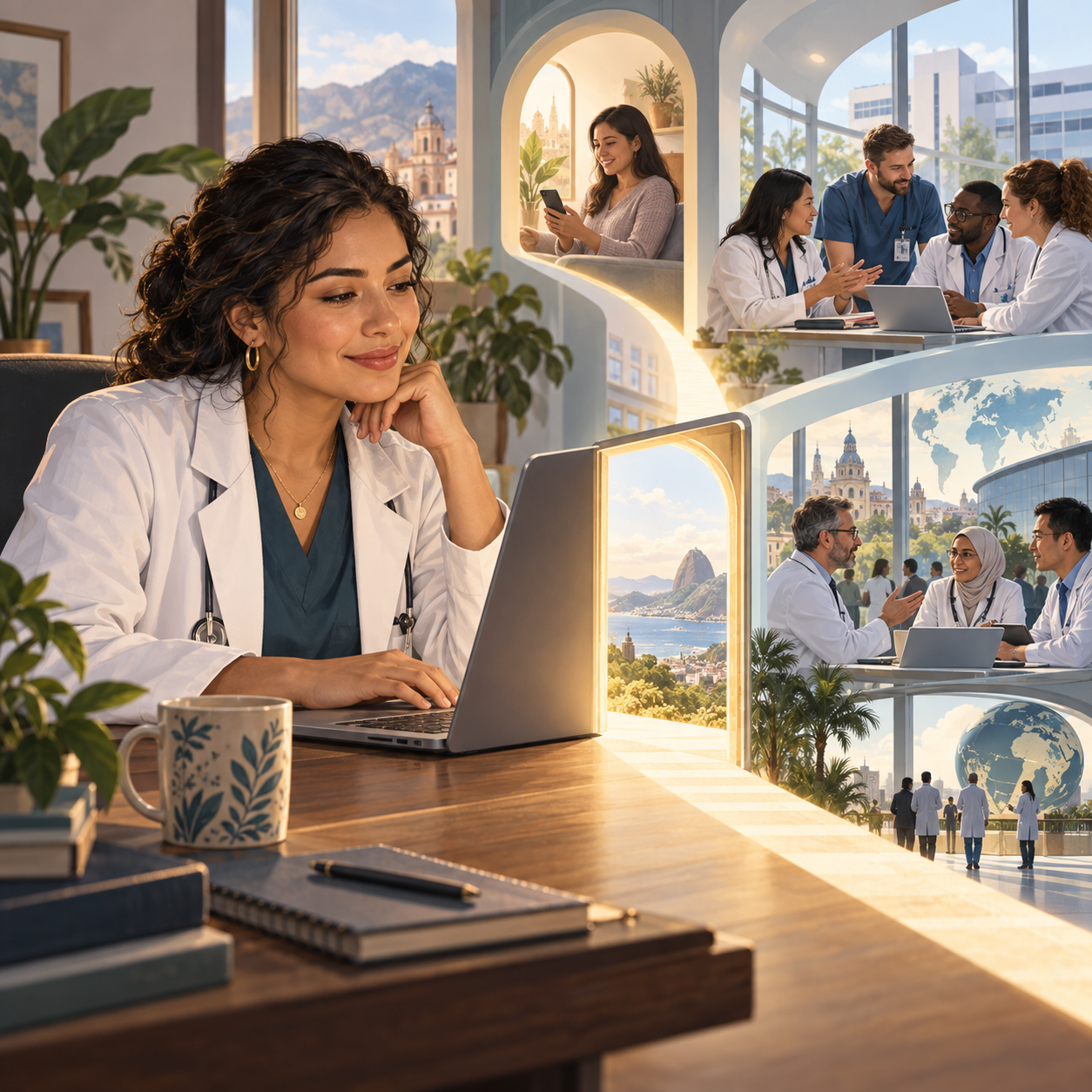 A clinician works at a laptop beside a glowing doorway connecting her practice to patients, hospital teams, and international collaborators, illustrating how medical English opens opportunities beyond patient consultations.
