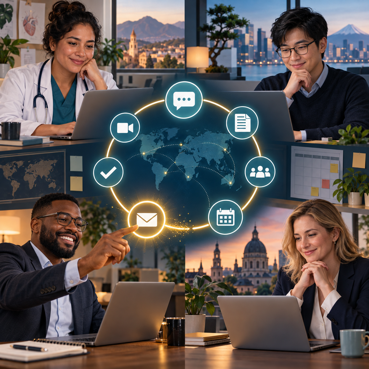Four international professionals collaborate remotely around a connected circle of messages, tasks, and scheduling icons, symbolizing clear communication and closing open loops.