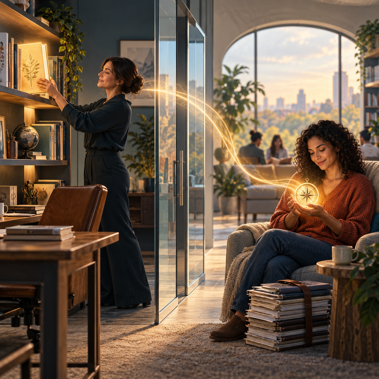 An educator places a glowing book on a shelf as its light passes through a glass partition to a reader holding an illuminated compass, symbolizing education, agency, and healthy boundaries.