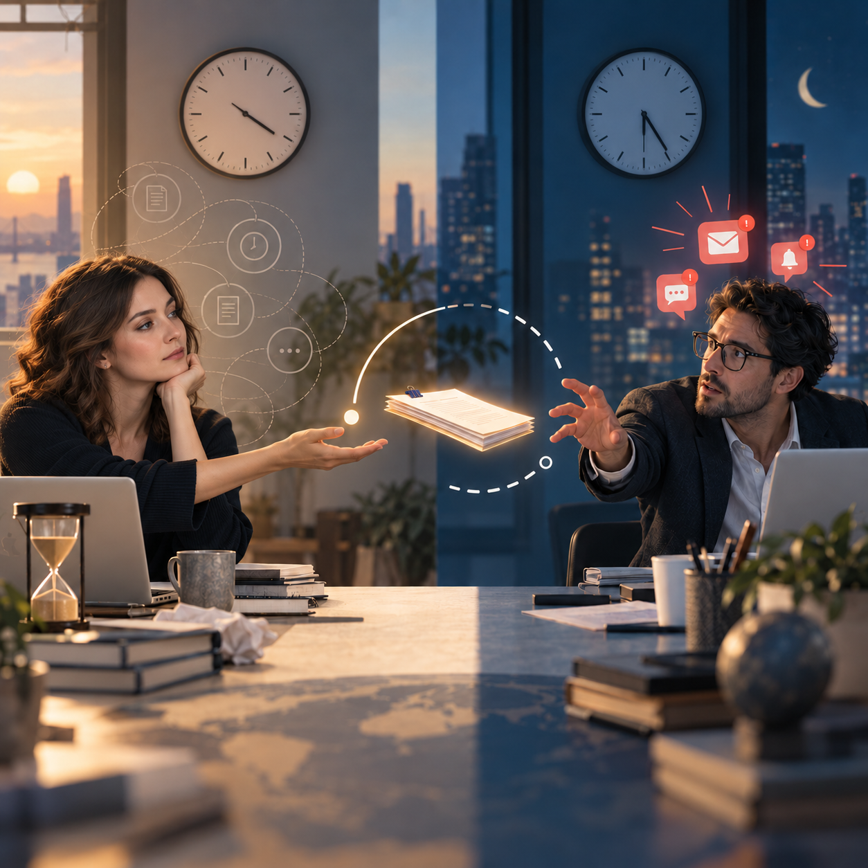 A woman and man in separate time zones reach toward a suspended document, illustrating an unresolved professional handoff, unequal urgency, and the cognitive burden of open communication loops.