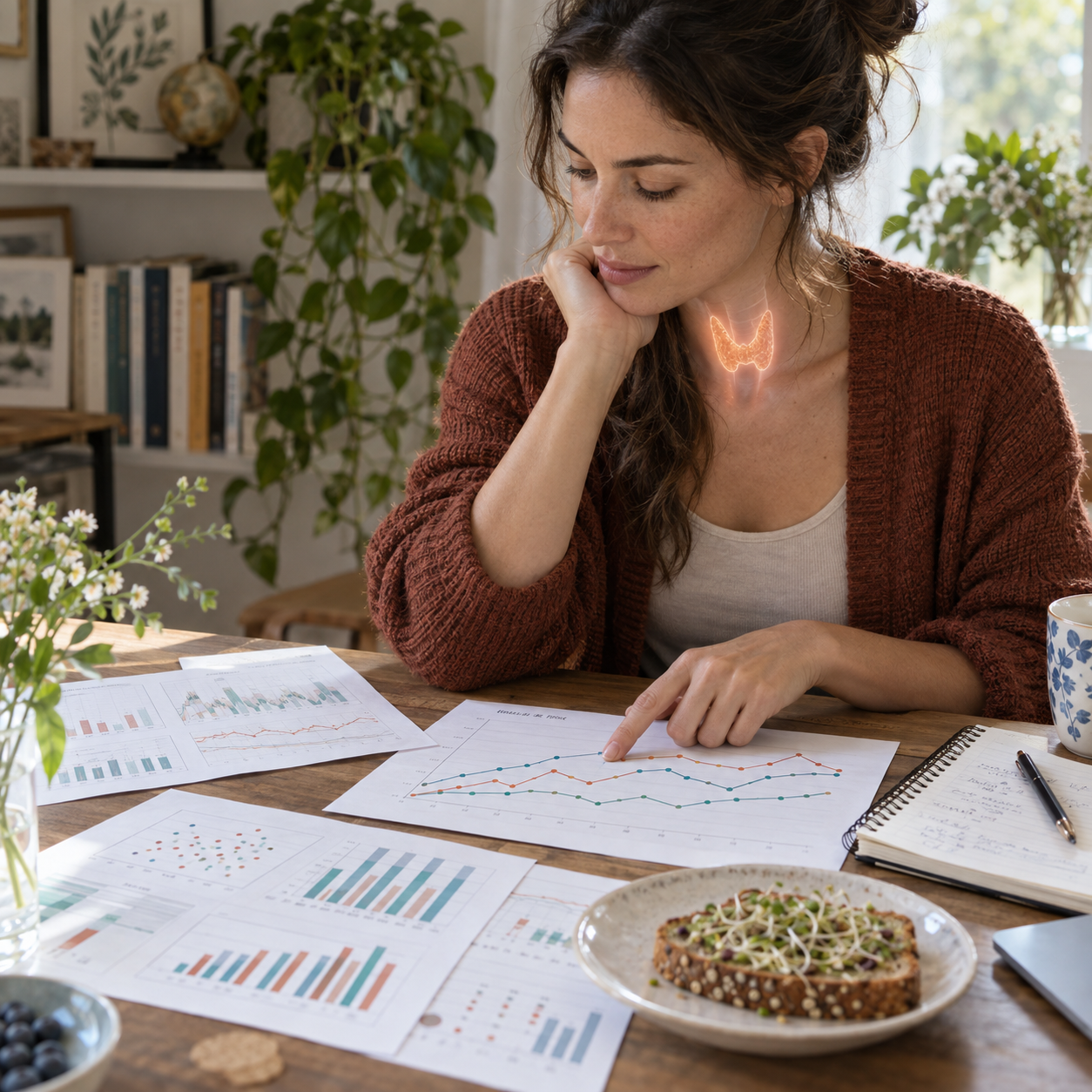 A woman reviews longitudinal lab charts at home beside sprouted grain toast, with a subtle illustration highlighting her thyroid.