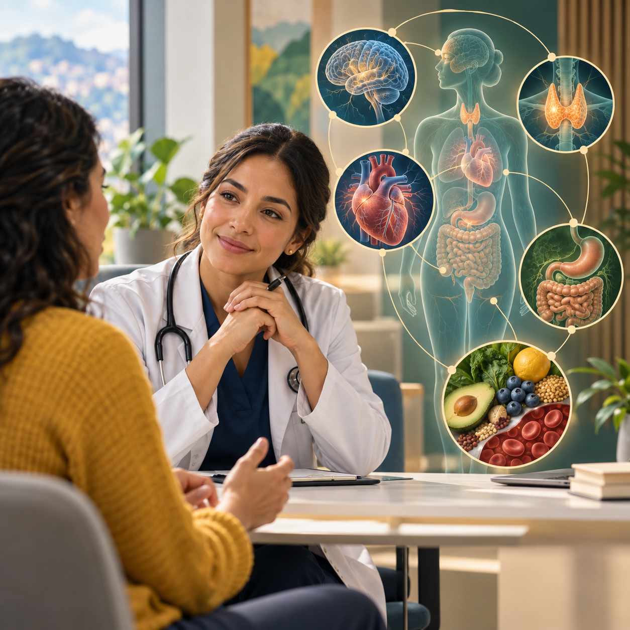 A physician listens to a patient as connected illustrations of the brain, heart, thyroid, digestive system, and nutritious foods represent whole-person care.