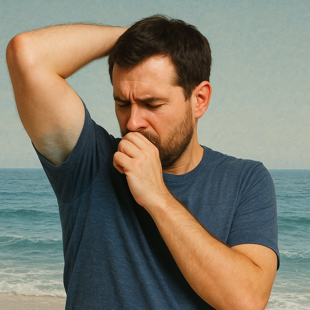 A man in his early thirties with short dark brown hair and a beard wears a navy T-shirt. He looks concerned as he lifts one arm and smells his sweat. Behind him, faint ocean waves blend into the background, symbolizing the ocean-like smell associated with iodine excess.