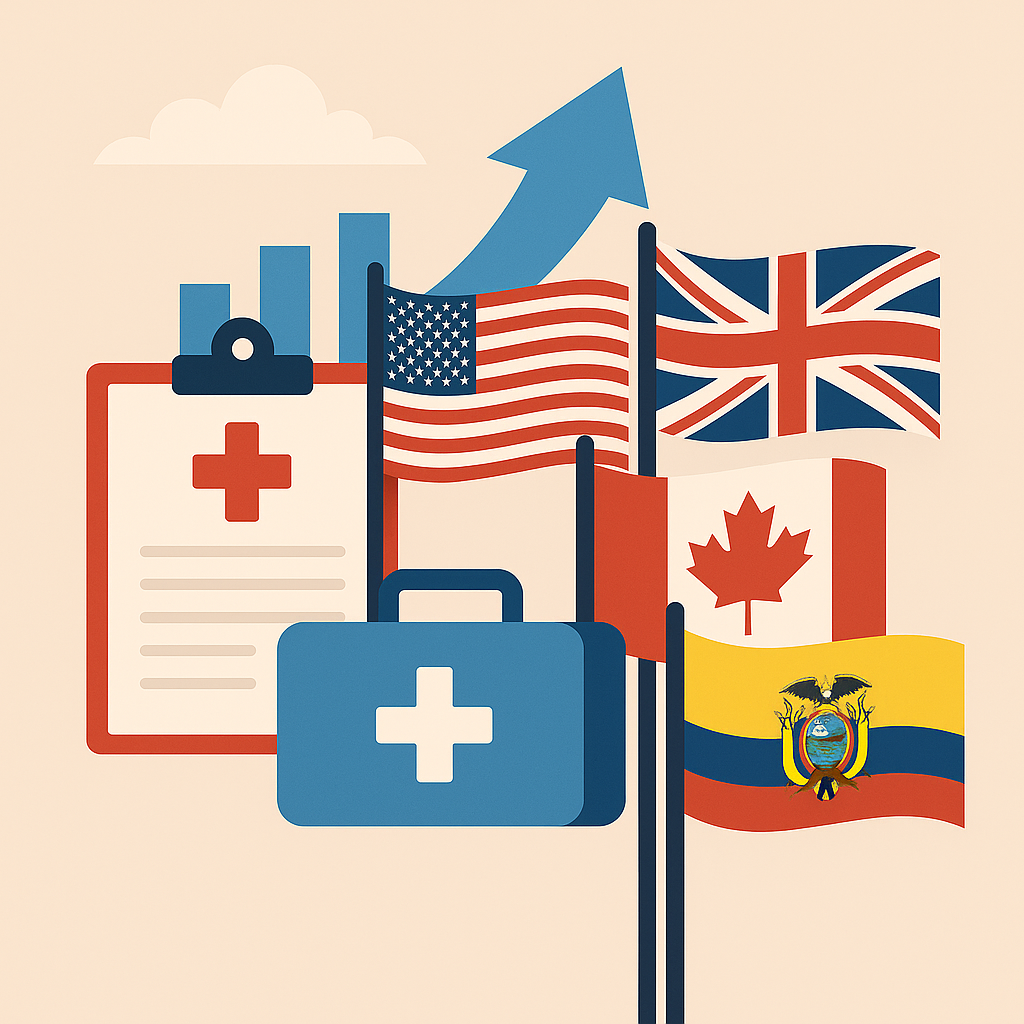 Flat-style digital illustration comparing global medical education systems. The scene features a clipboard with a red medical cross, a blue first-aid kit, and an upward-trending bar chart with an arrow. Surrounding these symbols are national flags of the United States, United Kingdom, Canada, and Ecuador, representing different countries’ approaches to training physicians. The design uses muted beige, blue, red, and yellow tones for a clean, modern look.